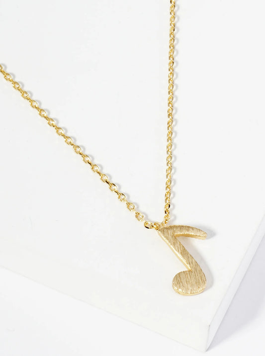 18K Gold Dipped Brushed Brass Musical Note Pendant Necklace