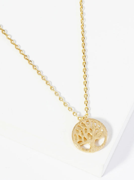 18K Gold Dipped Brushed Brass Tree Of Life Pendant Necklace