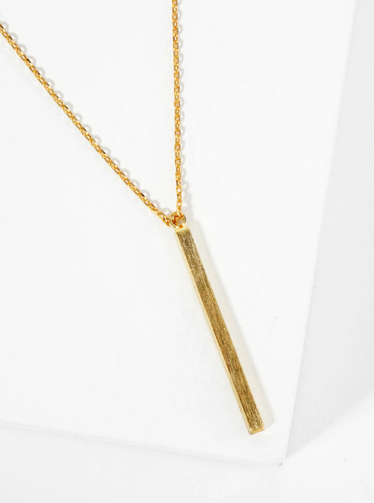 18K Gold Dipped Brushed Brass Vertical Bar Pendant Necklace