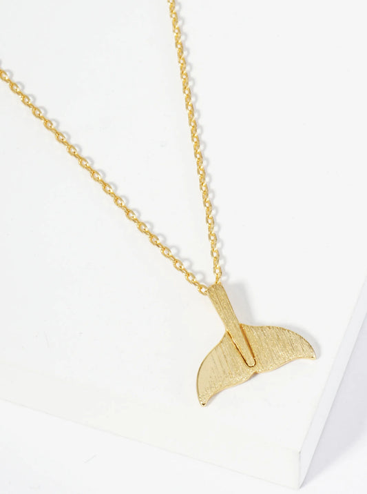18K Gold Dipped Brushed Brass Whale Tail Pendant Necklace