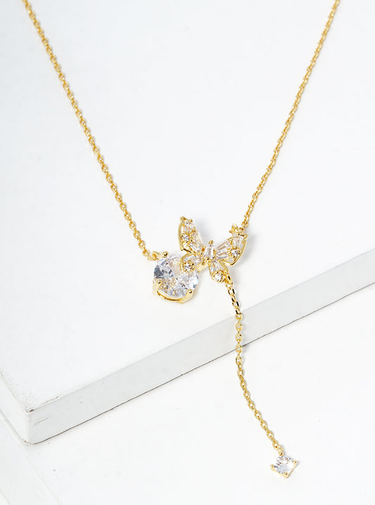 18K Gold Dipped CZ Butterfly Chain Drop Pendant Necklace