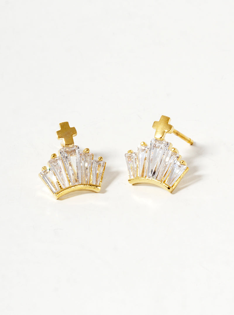18K Gold Dipped CZ Cross Crown Post Stud Earrings