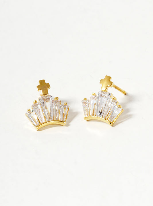 18K Gold Dipped CZ Cross Crown Post Stud Earrings