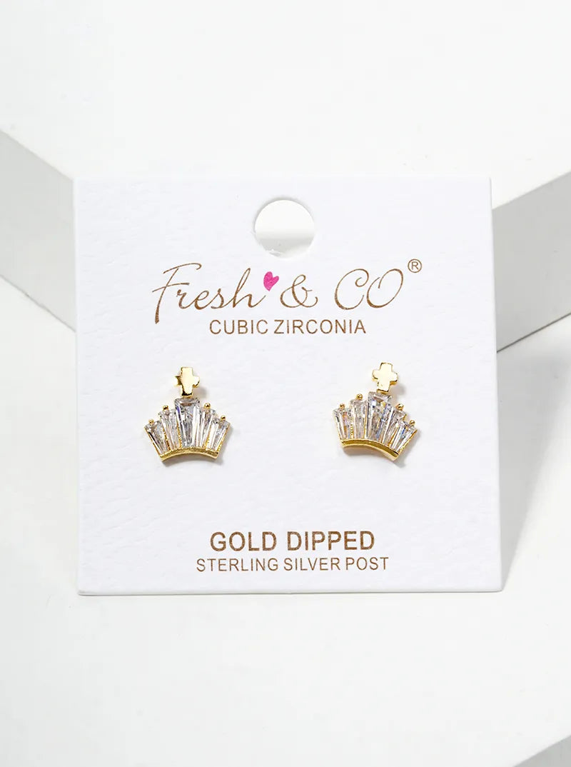 18K Gold Dipped CZ Cross Crown Post Stud Earrings