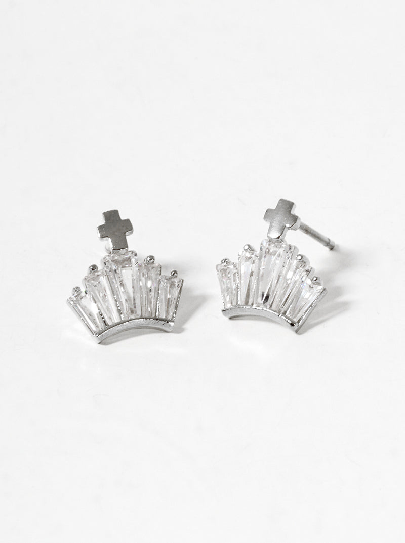 18K Gold Dipped CZ Cross Crown Post Stud Earrings