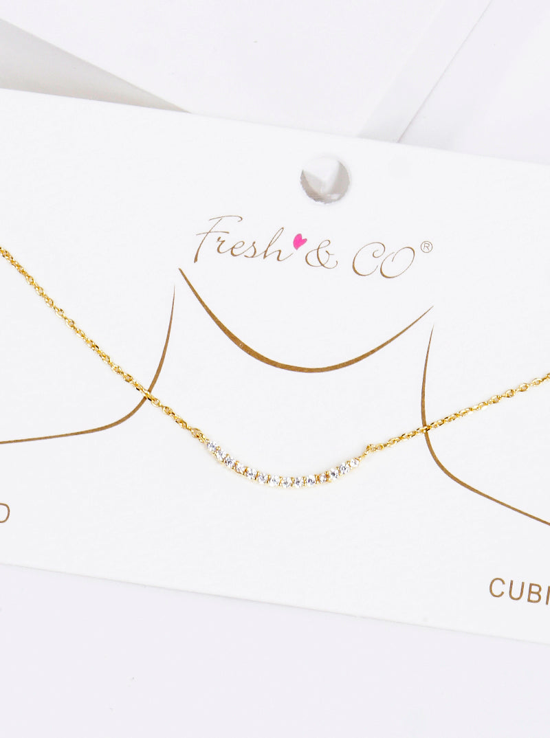 18K Gold Dipped CZ Curved Bar Pendant Delicate Necklace