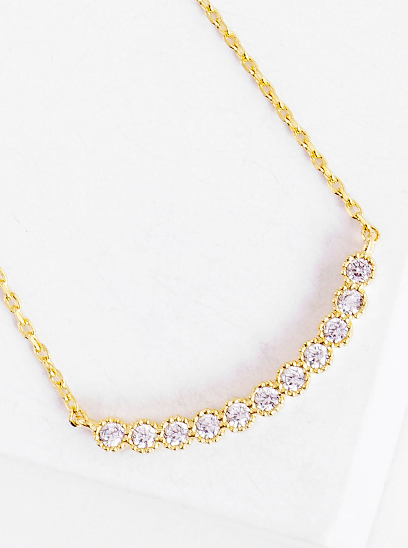18K Gold Dipped CZ Curved Bar Pendant Delicate Necklace