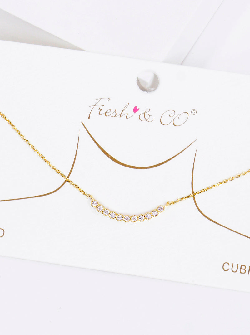 18K Gold Dipped CZ Curved Bar Pendant Delicate Necklace
