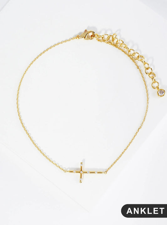 18K Gold Dipped CZ Embedded Delicate Cross Brass Chain Anklet