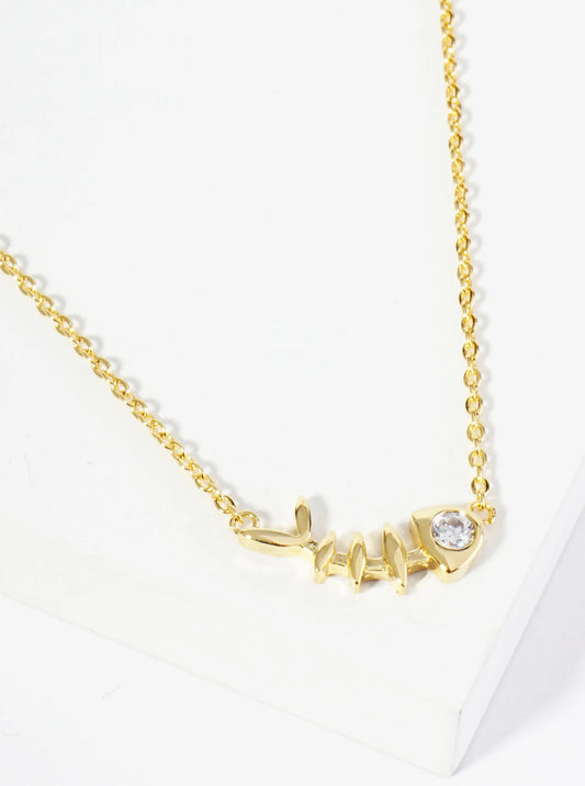 18K Gold Dipped CZ Eye Fishbone Pendant Necklace