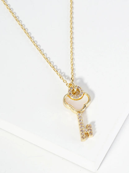 18K Gold Dipped CZ Mother Of Pearl Key Pendant Necklace