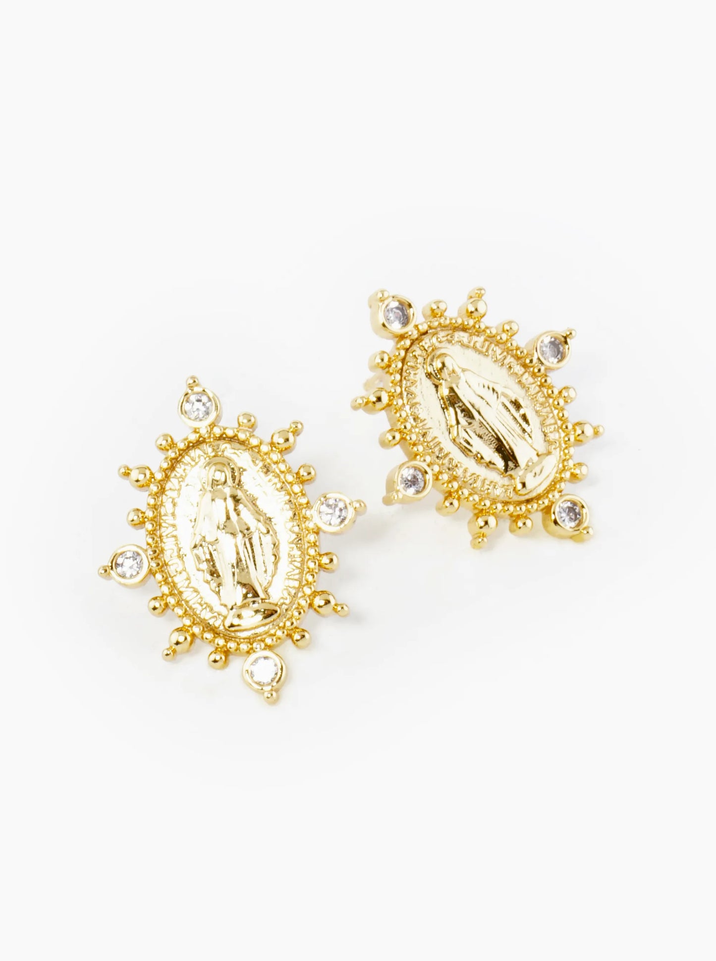 18K Gold Dipped CZ Oval Miraculous Medal Religious Stud Earrings
