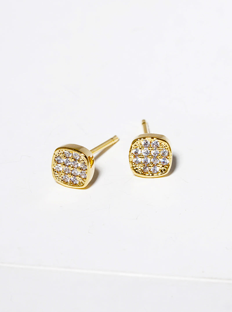 18K Gold Dipped CZ Pave 4mm Square Post Stud Earrings