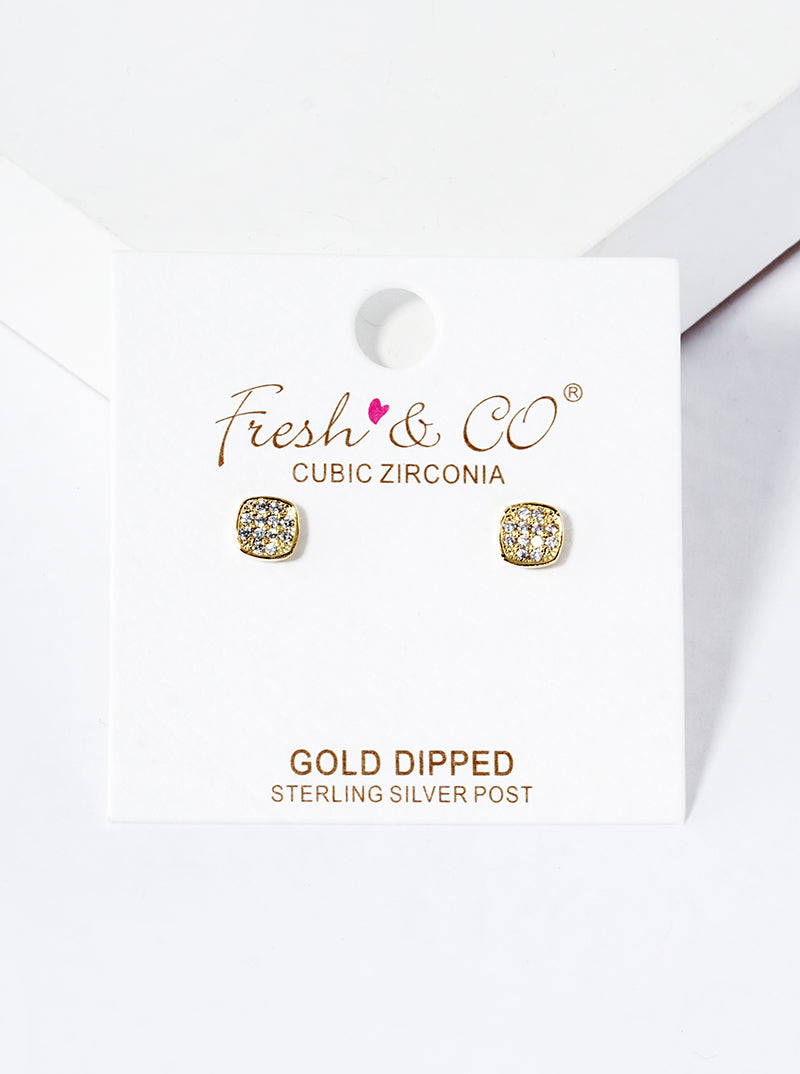18K Gold Dipped CZ Pave 4mm Square Post Stud Earrings