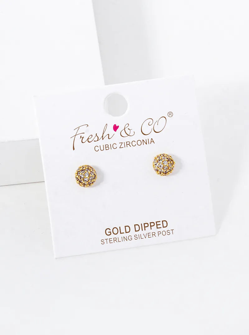 18K Gold Dipped CZ Pave 6mm Hemisphere Stud Earrings