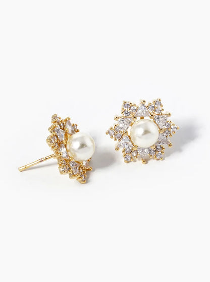 18K Gold Dipped CZ Pave 6mm Pearl Stud Earrings