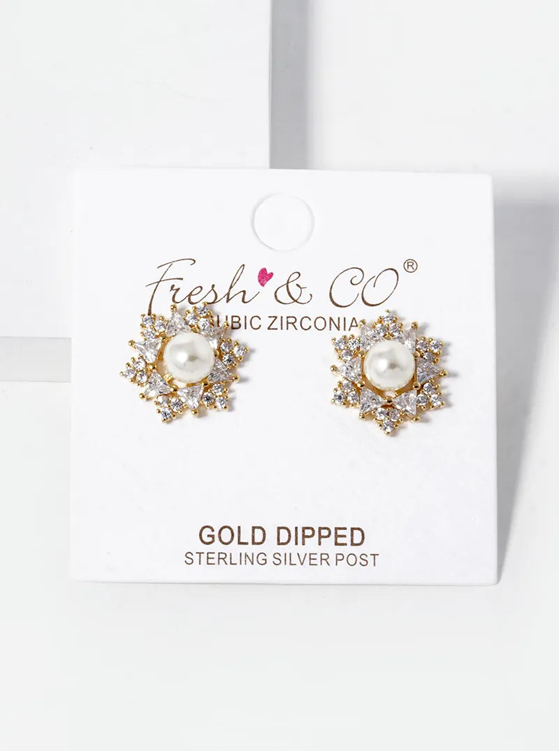 18K Gold Dipped CZ Pave 6mm Pearl Stud Earrings