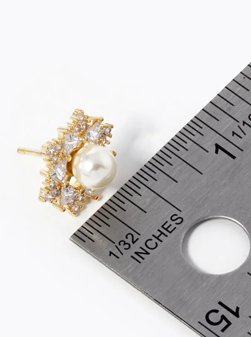 18K Gold Dipped CZ Pave 6mm Pearl Stud Earrings