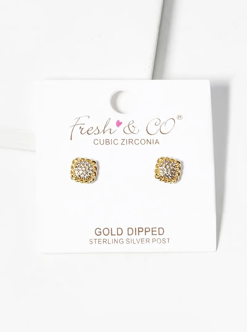 18K Gold Dipped CZ Pave 6mm Square Post Stud Earrings