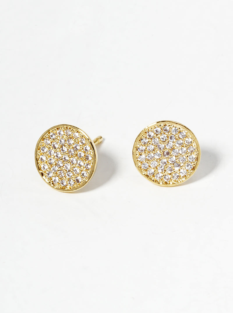 18K Gold Dipped CZ Pave 9mm Round Post Stud Earrings