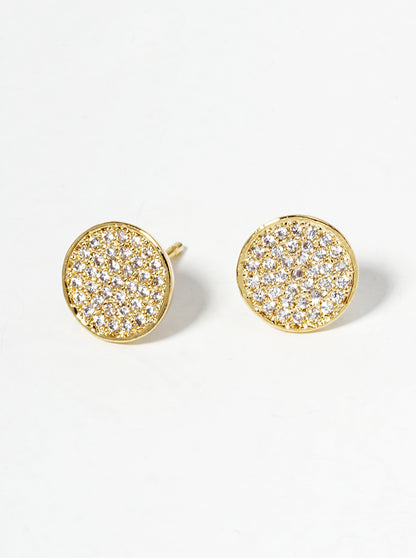 18K Gold Dipped CZ Pave 9mm Round Post Stud Earrings