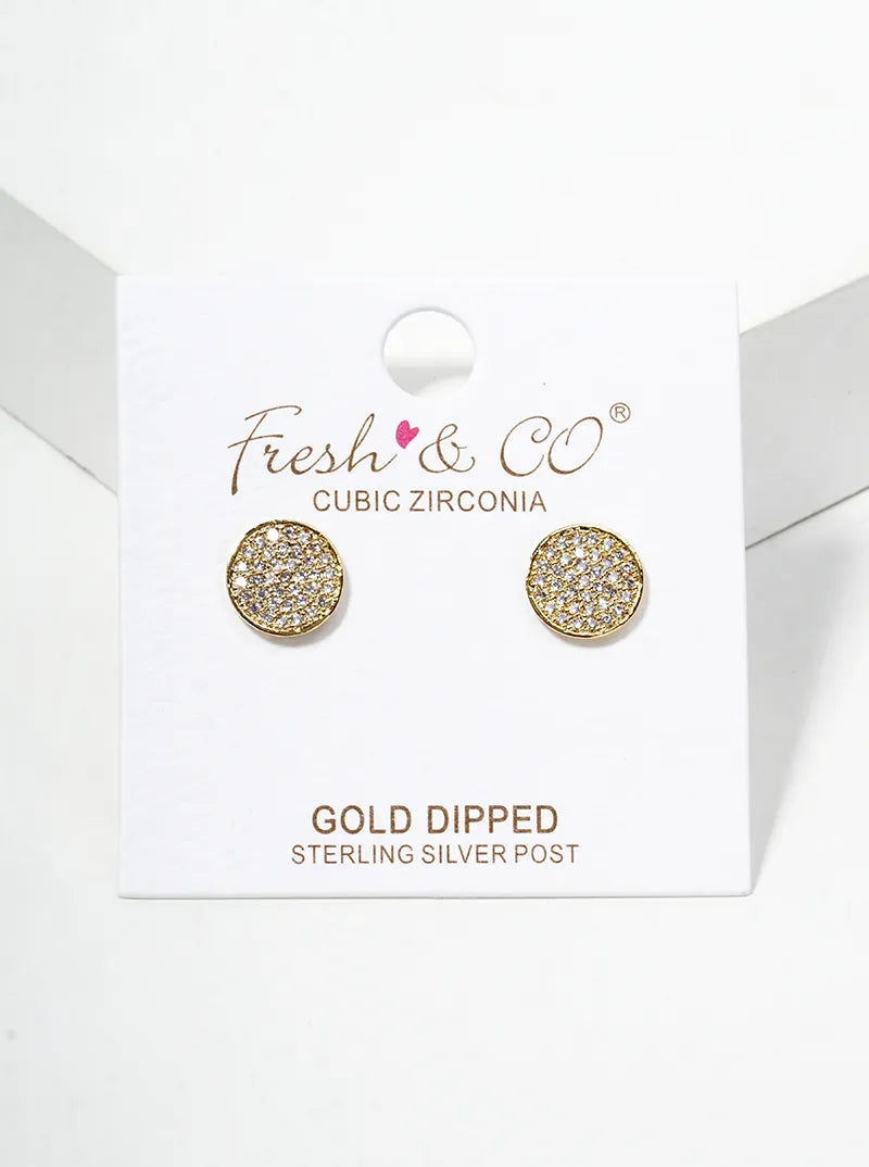 18K Gold Dipped CZ Pave 9mm Round Post Stud Earrings