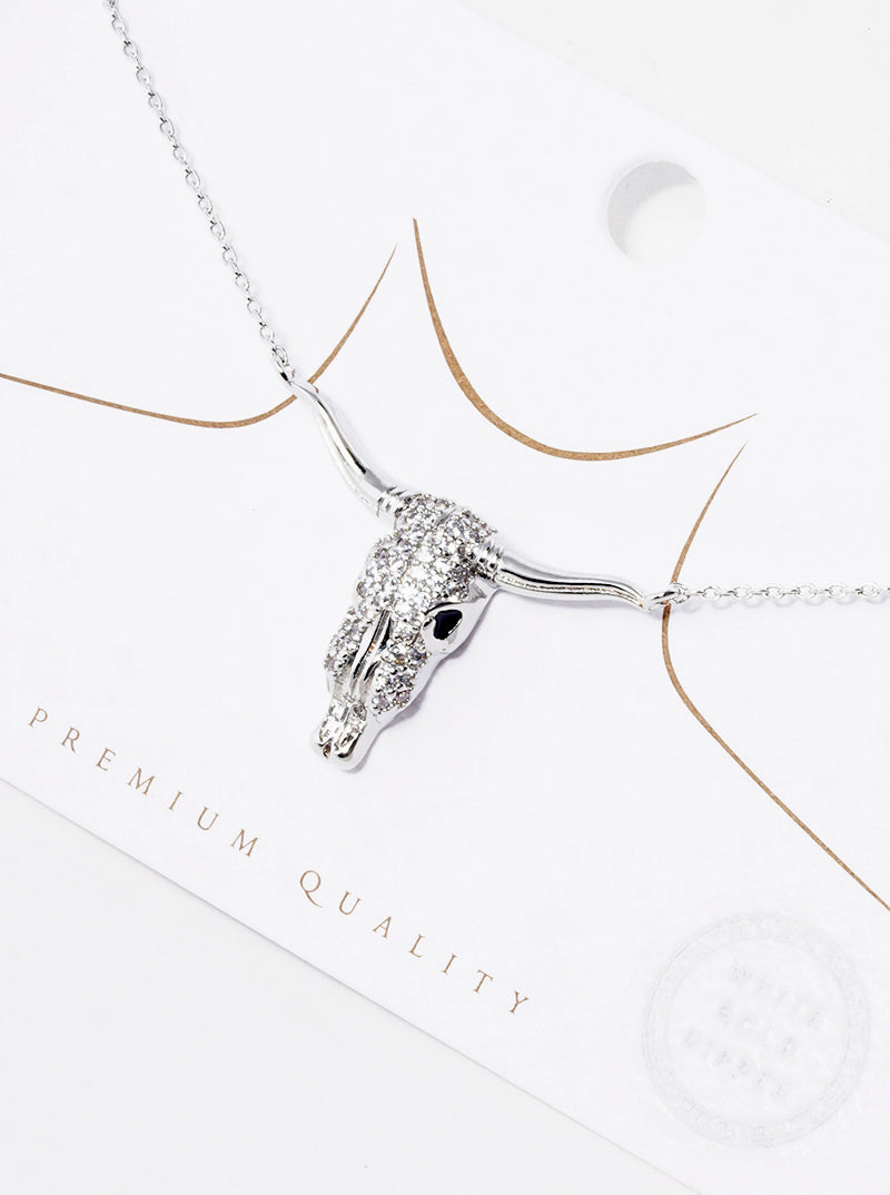 18K Gold Dipped CZ Pave Bull Head Pendant Necklace