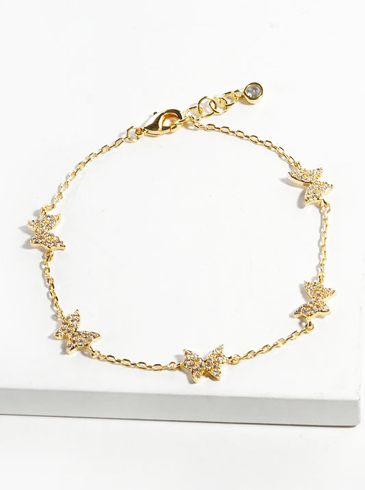 18K Gold Dipped CZ Pave Butterfly Charm Bracelet