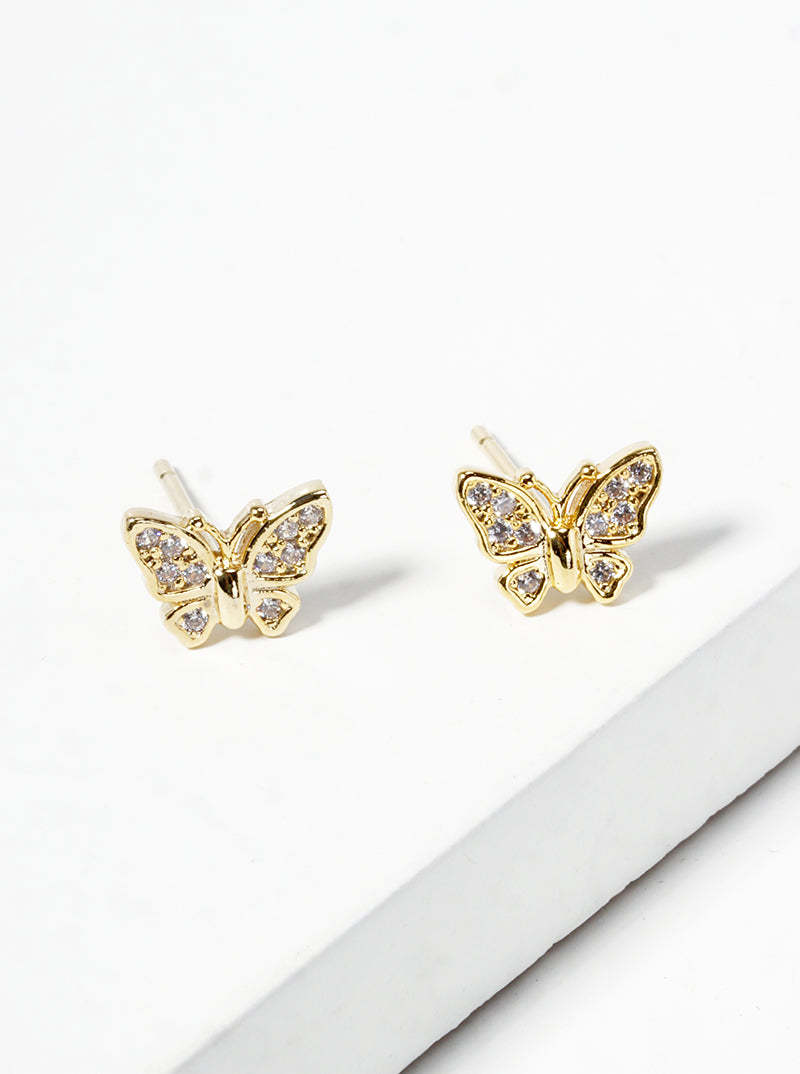 White Gold Dipped CZ Pave Butterfly Dainty Stud Earrings