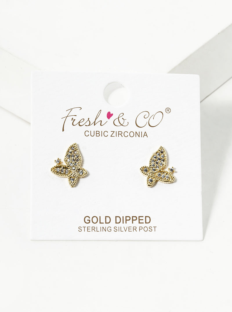 18K Gold Dipped CZ Pave Butterfly Stud Earrings