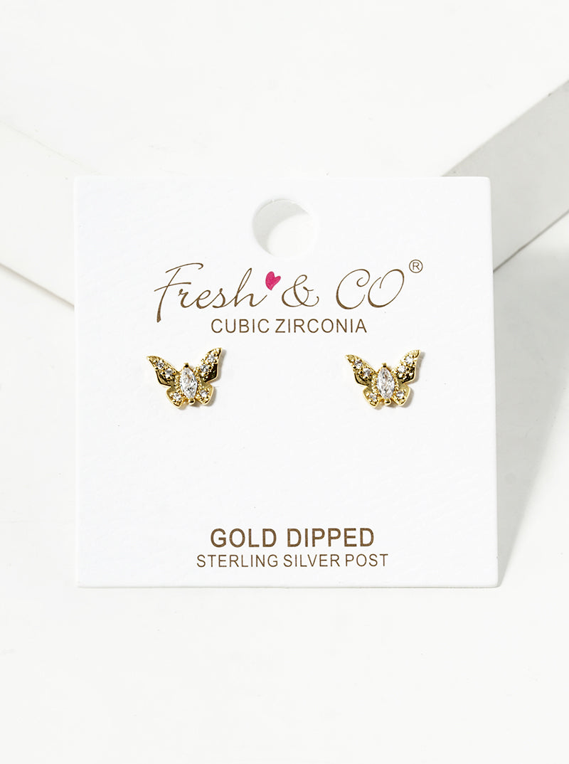 18K Gold Dipped CZ Pave Butterfly Stud Earrings