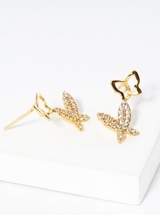 18K Gold Dipped CZ Pave Butterfly Stud Earrings