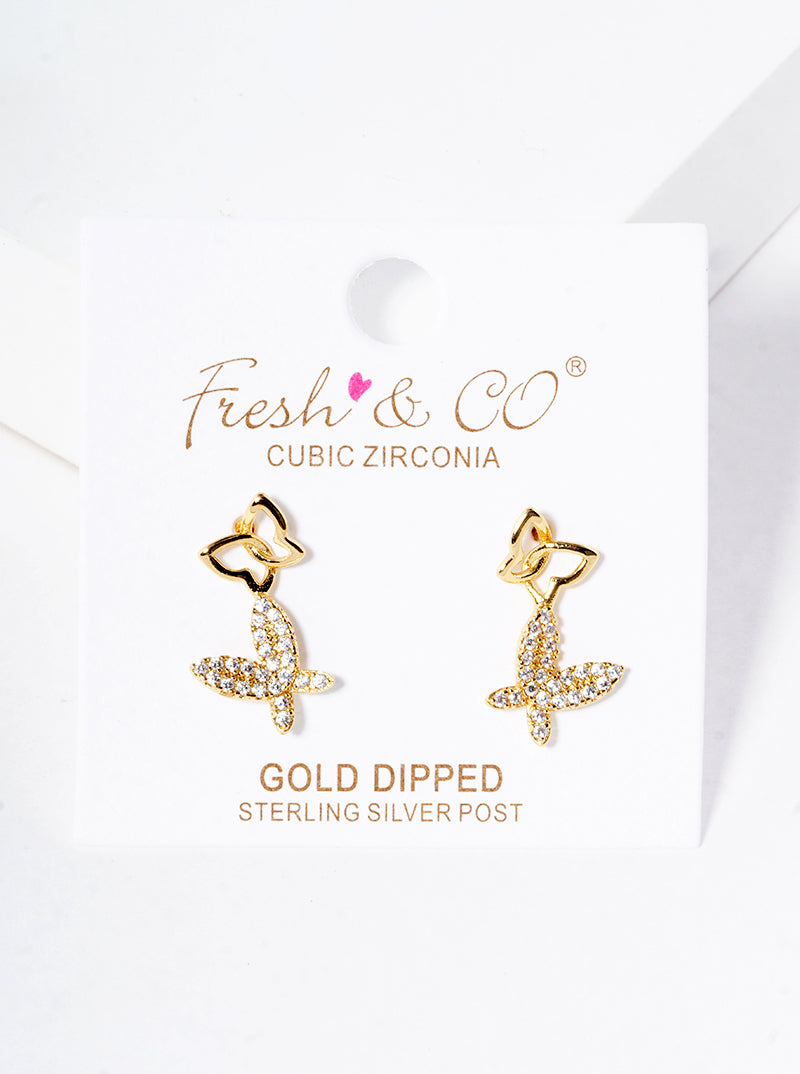 18K Gold Dipped CZ Pave Butterfly Stud Earrings