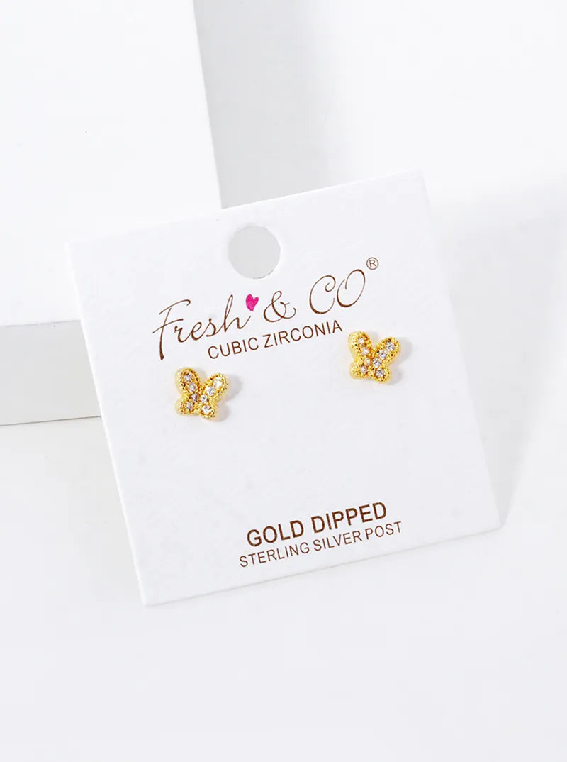 18K Gold Dipped CZ Pave Butterfly Stud Earrings