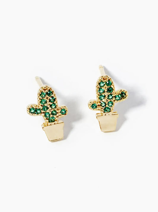 18K Gold Dipped CZ Pave Cactus Post Stud Earrings