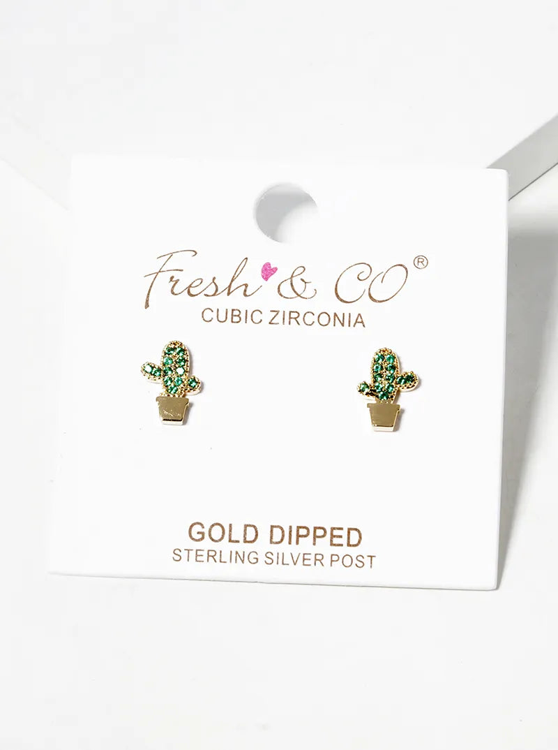 18K Gold Dipped CZ Pave Cactus Post Stud Earrings