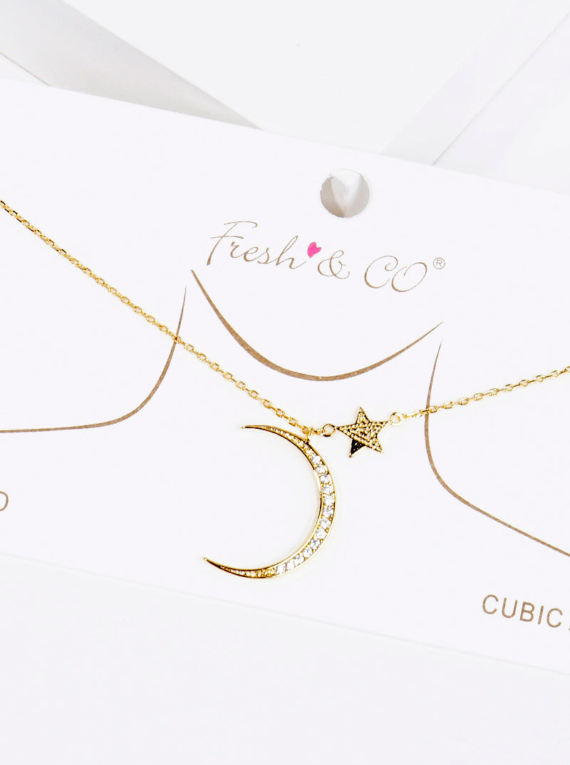 18K Gold Dipped CZ Pave Celestial Stars Pendant Delicate Necklace