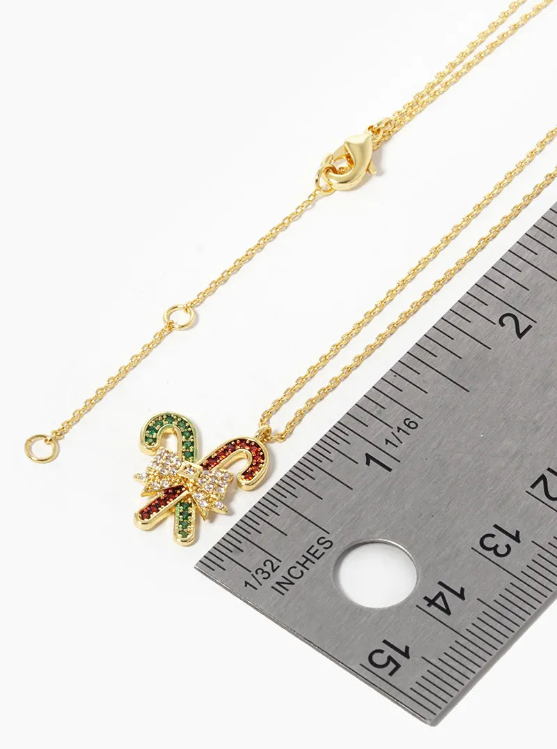 18K Gold Dipped CZ Pave Christmas Candy Cane Pendant Necklace
