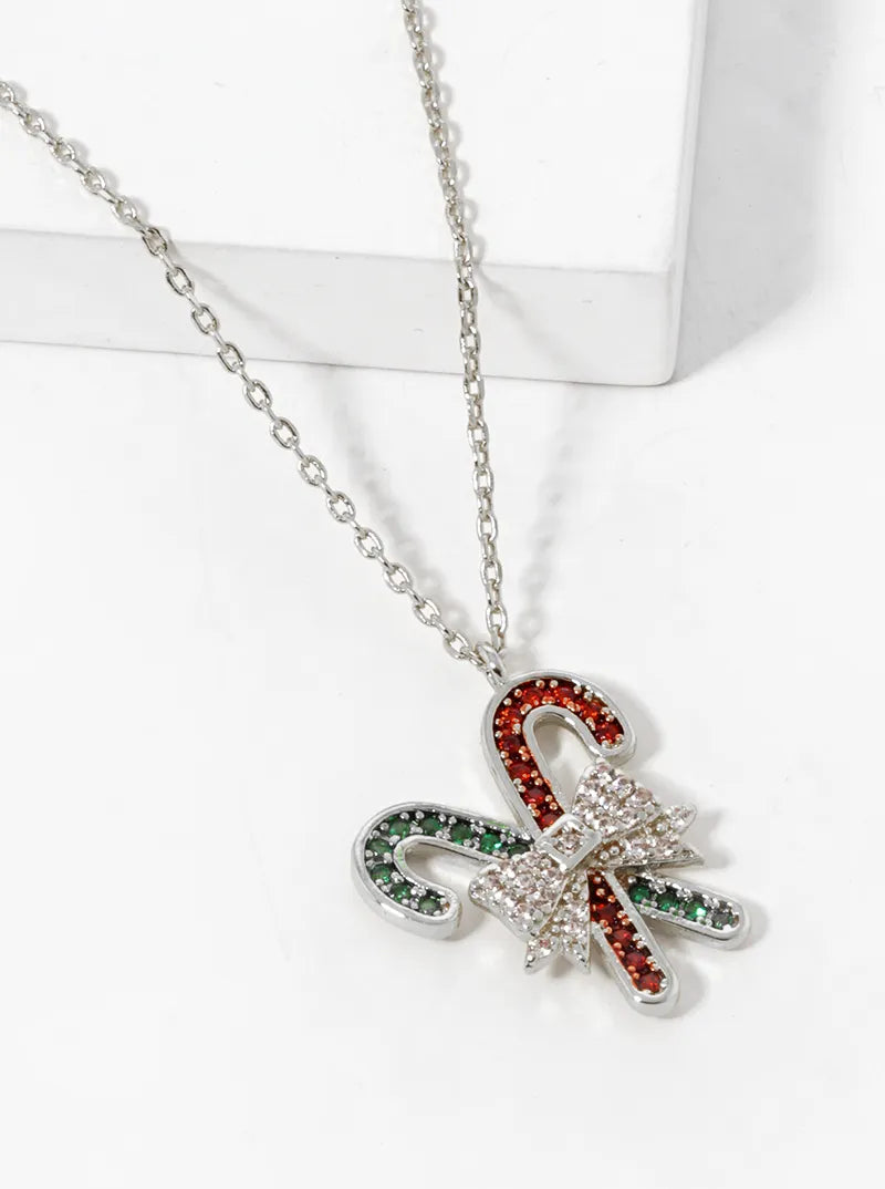 18K Gold Dipped CZ Pave Christmas Candy Cane Pendant Necklace