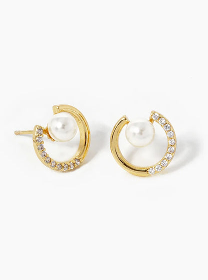 18K Gold Dipped CZ Pave Circle With Pearl Stud Earrings