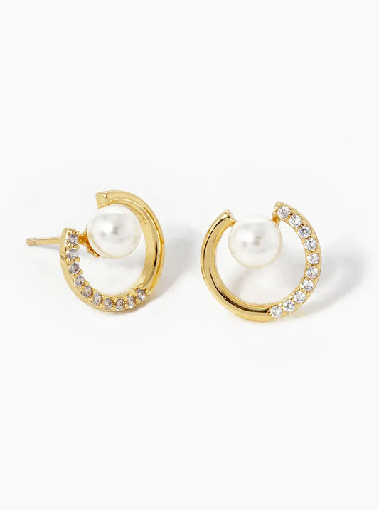 18K Gold Dipped CZ Pave Circle With Pearl Stud Earrings
