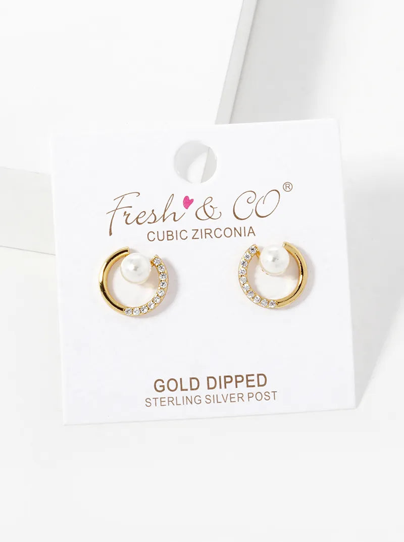 18K Gold Dipped CZ Pave Circle With Pearl Stud Earrings