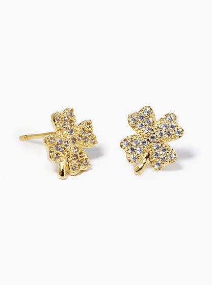 18K Gold Dipped CZ Pave Clover Stud Earrings