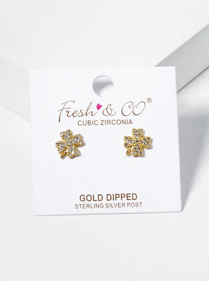18K Gold Dipped CZ Pave Clover Stud Earrings