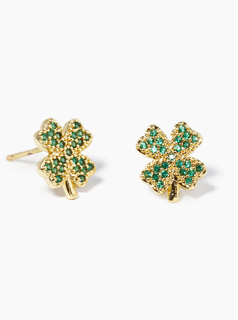 18K Gold Dipped CZ Pave Clover Stud Earrings