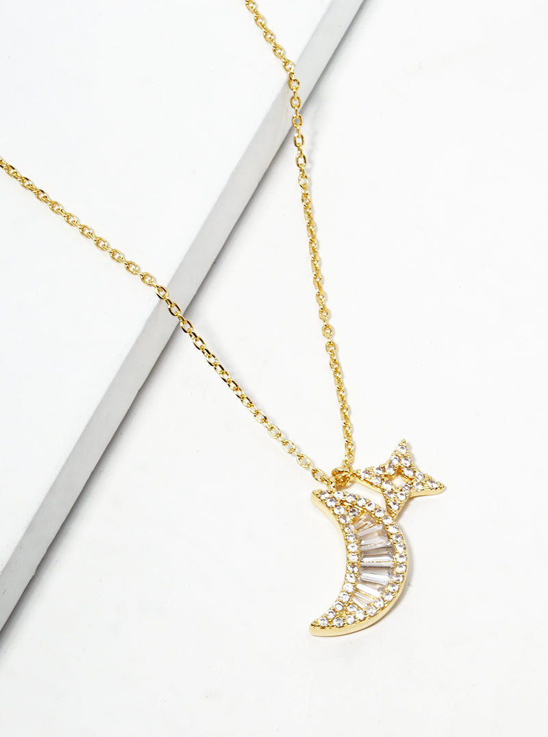18K Gold Dipped CZ Pave Crescent Moon Pendant Necklace
