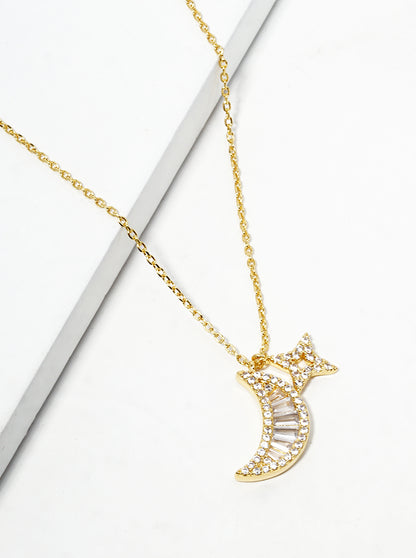 18K Gold Dipped CZ Pave Crescent Moon Pendant Necklace