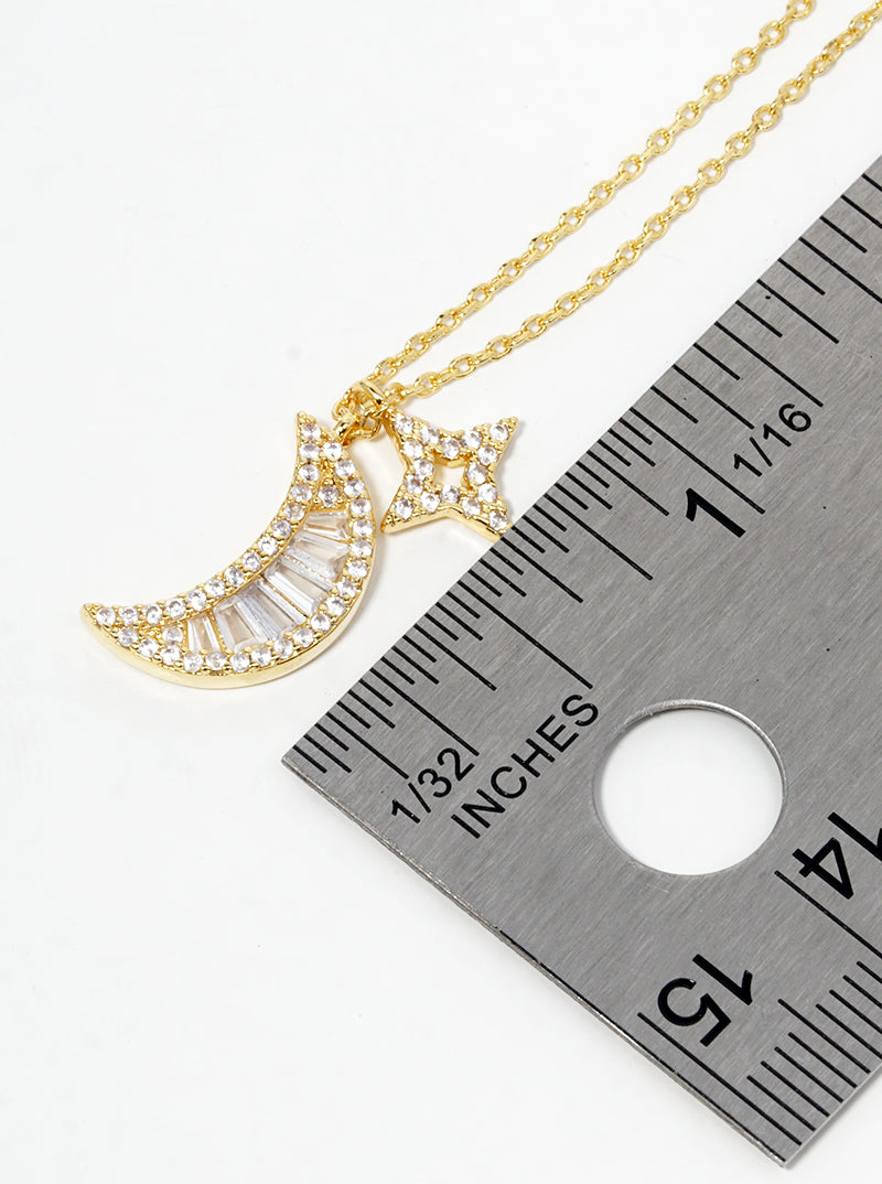 18K Gold Dipped CZ Pave Crescent Moon Pendant Necklace