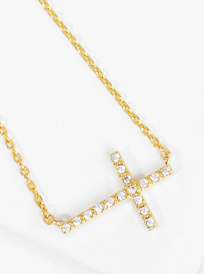 18K Gold Dipped CZ Pave Cross Pendant Delicate Necklace