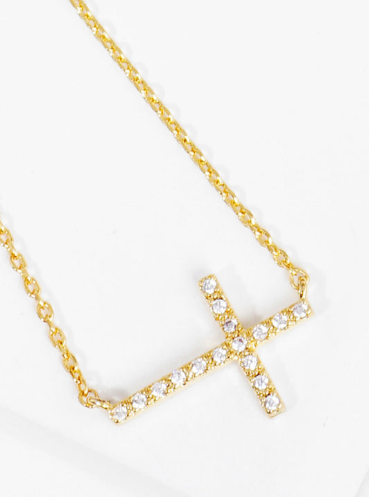 18K Gold Dipped CZ Pave Cross Pendant Delicate Necklace